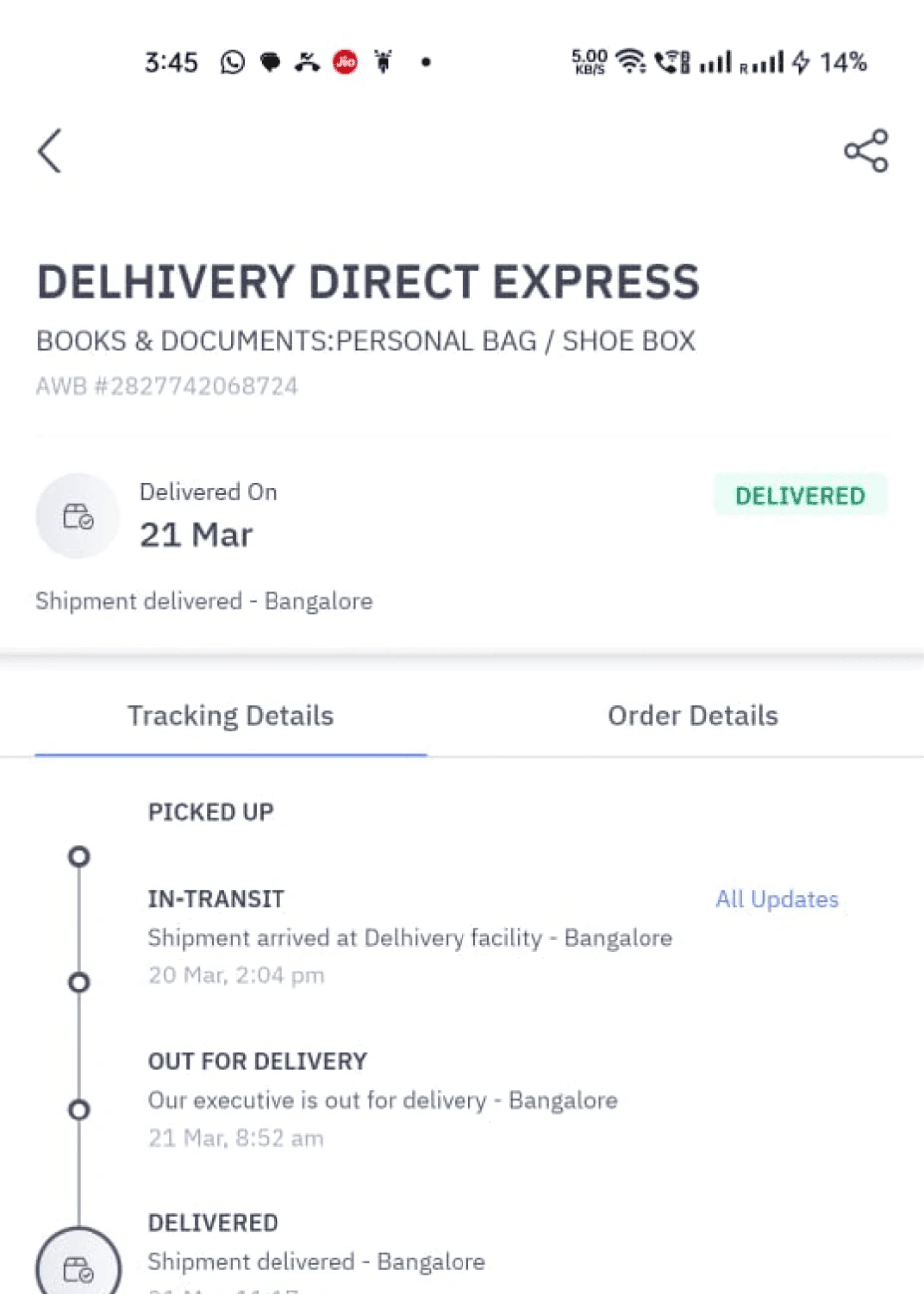 The Delhivery app: a status header and a vertical timeline