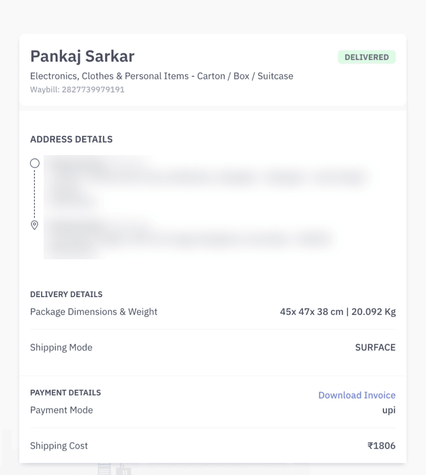 direct.delhivery.com: a centred order card with address, delivery and payment details