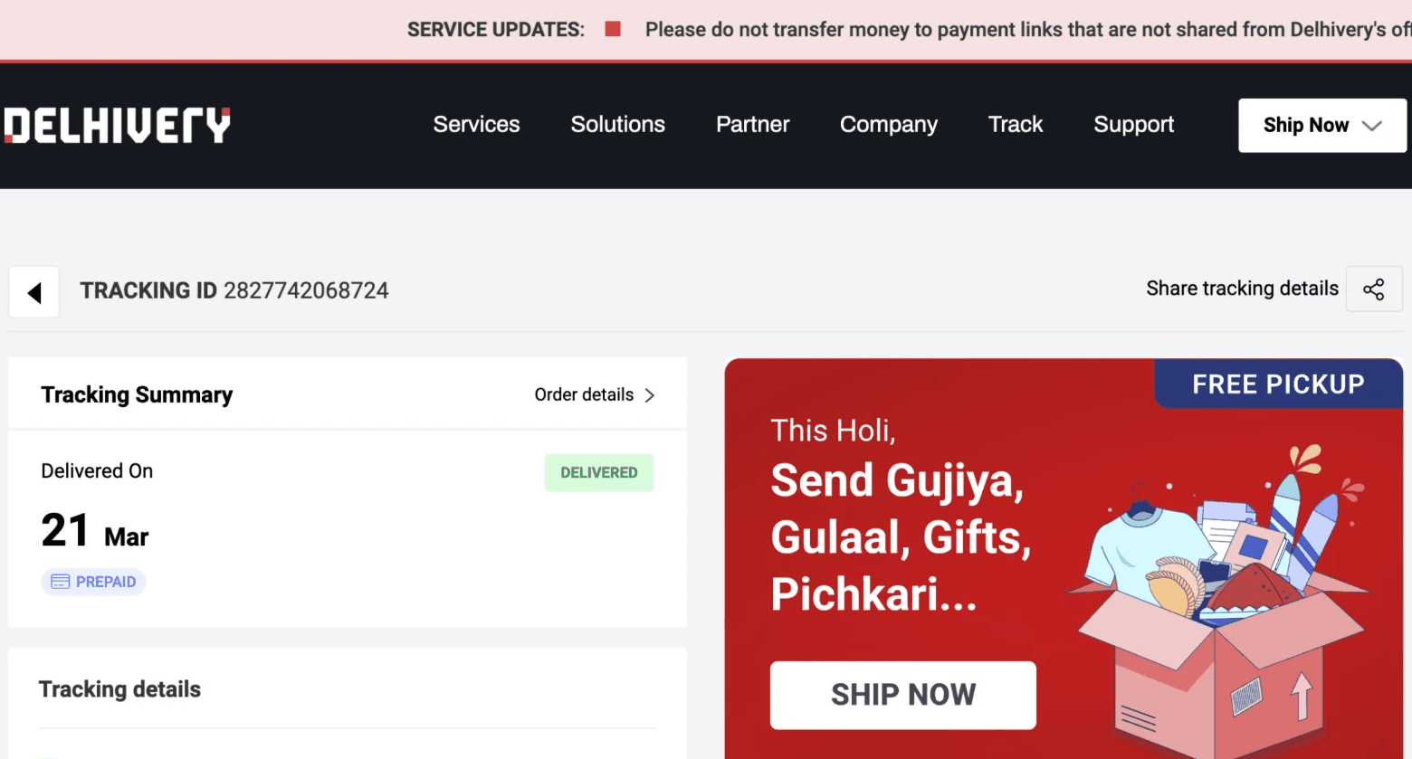 delhivery.com: a dark navigation bar, a tracking summary and a large promotional banner