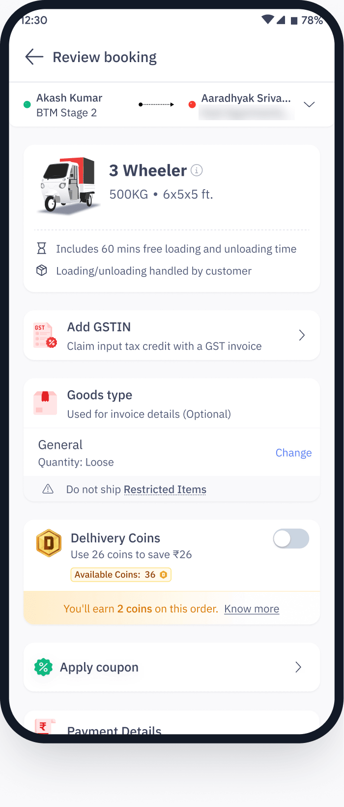 Booking review screen, iteration 2