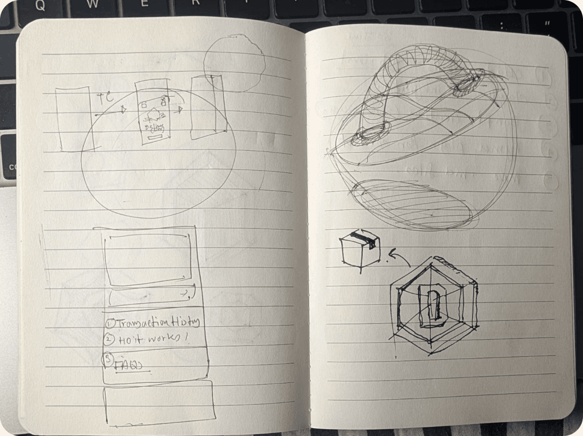 Notebook spread with a coins hub wireframe and a hexagon coin with a D
