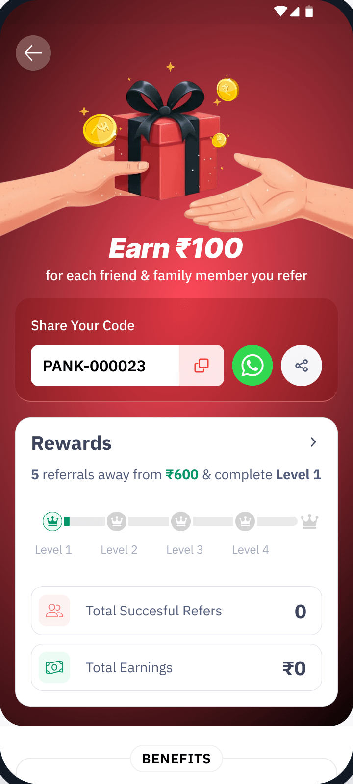The Refer & Earn page: Earn ₹100, a share code, and the rewards card